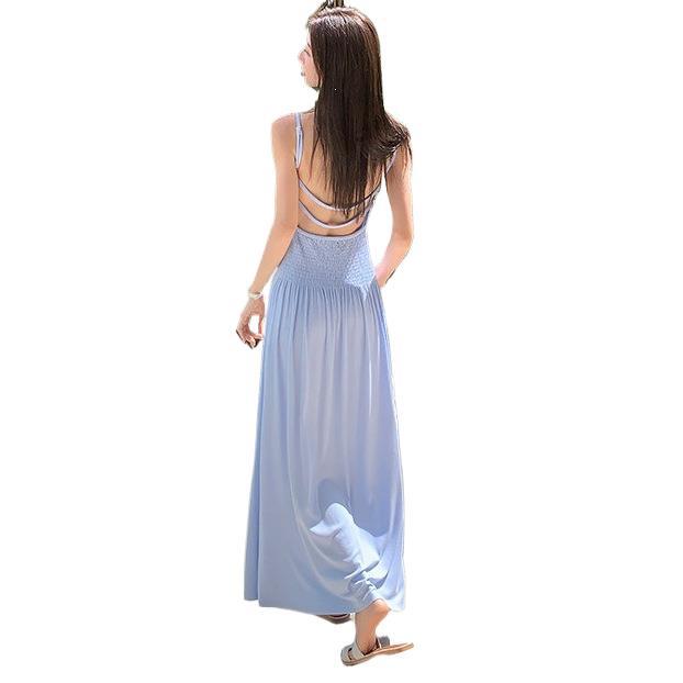 Sexy vacation style with chest pad suspender skirt dress women's summer super fairy design sense slim backless dress