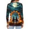 Women's Halloween Print V-Neck Long Sleeve T-Shirt with Button , Casual Fashion Top for Holiday Costume Party