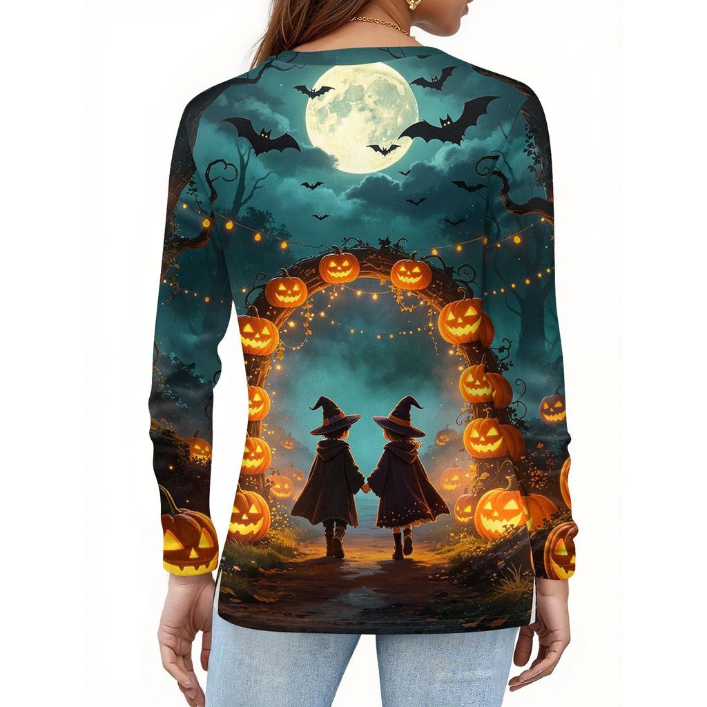 Women's Halloween Print V-Neck Long Sleeve T-Shirt with Button , Casual Fashion Top for Holiday Costume Party