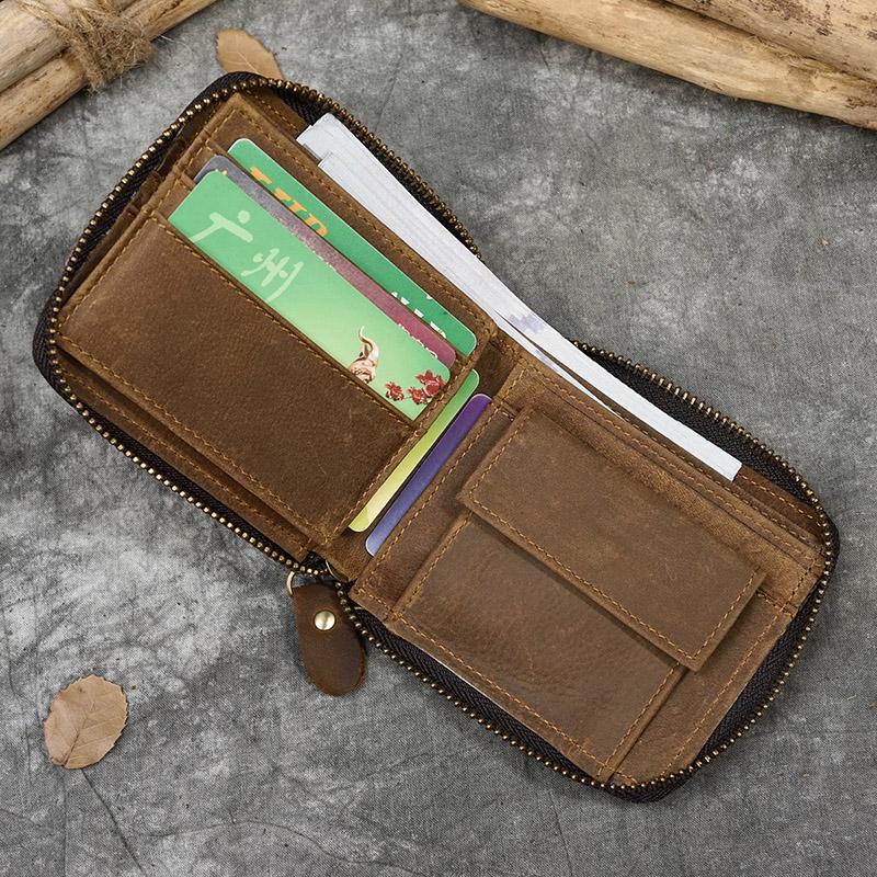 2026 New Short Wallet Men Women Vintage Fashion Card Holder Zipper Coin Purse Crazy Horse Leather Mens Slim Zipper Purse Wallet