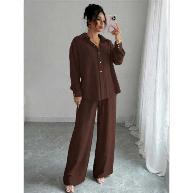 Spring Fashion Plus-Size Women's Two-Piece Set: Linen-Style Shirt & High-Waisted Loose Pants