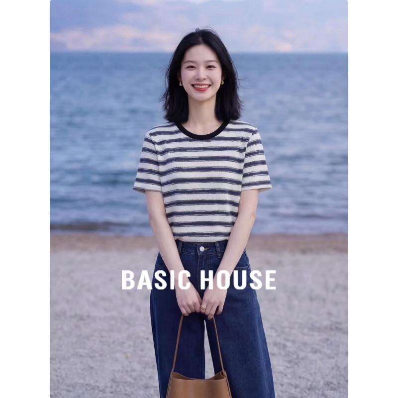 Basic House Women s Color-Block Stripe Round Neck T-shirt M