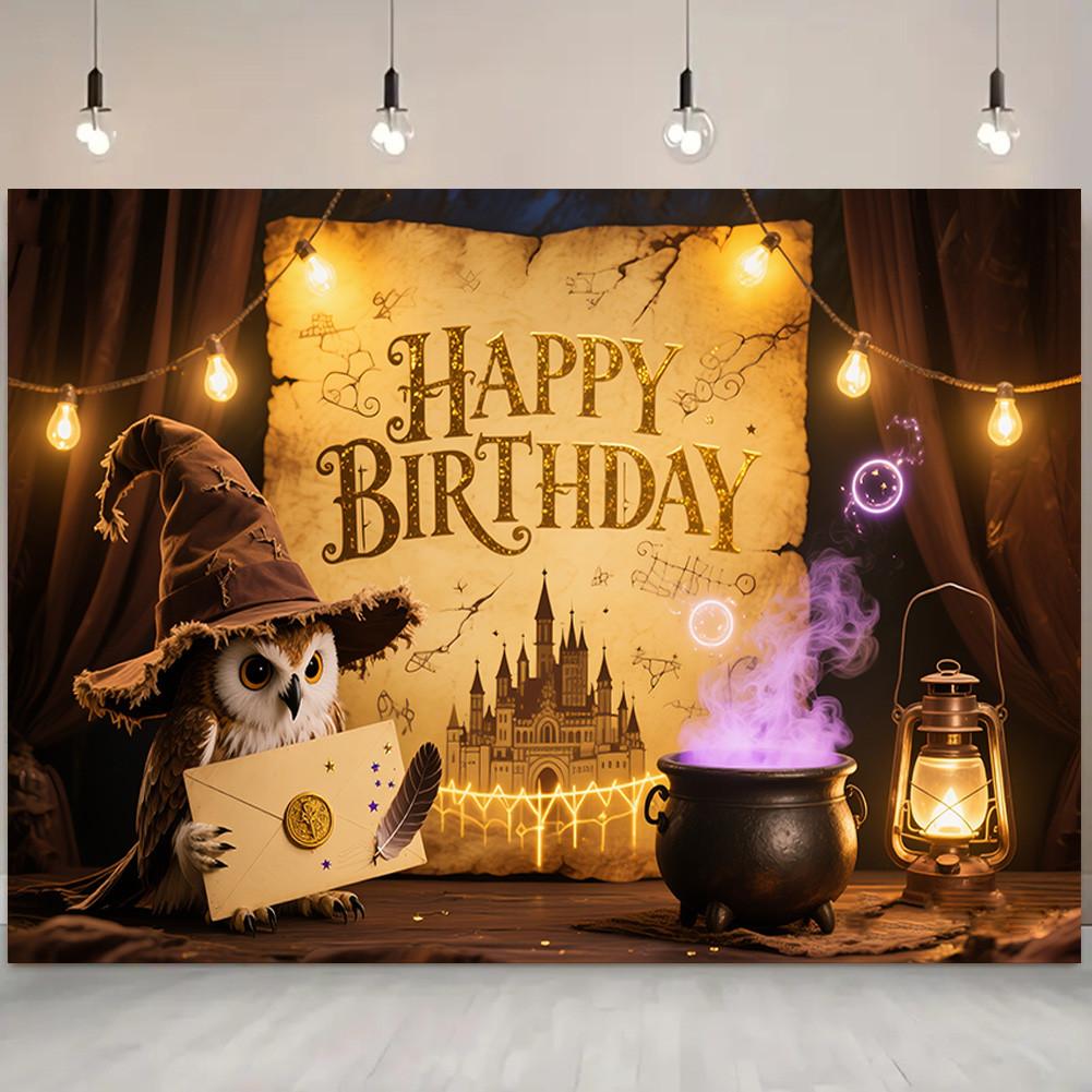 Owl,Magic Potion,Magic Theme-Happy Birthday Backdrop Polyester for Photo Booth,Party Event,Indoor/Outdoor Celebrations,Wall Decor,Home Decor