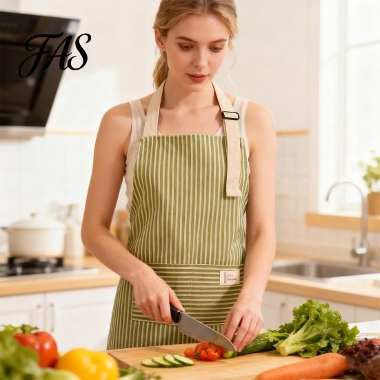 Chef Striped Apron Cotton Linen Kitchen with Pocket Breathable Waterproof Oil-proof Adjustable Men Women Cooking Baking Sleeveless Bib Tool Storage