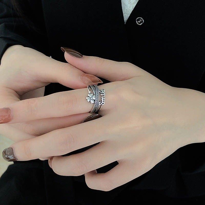 S925 sterling silver lucky four-leaf clover ring women's niche lucky jewelry retro light luxury high-end design index finger