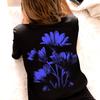 Back Front Print Daisy Flowers Design T-Shirt | Blue On Black Botamical Modern Tee
