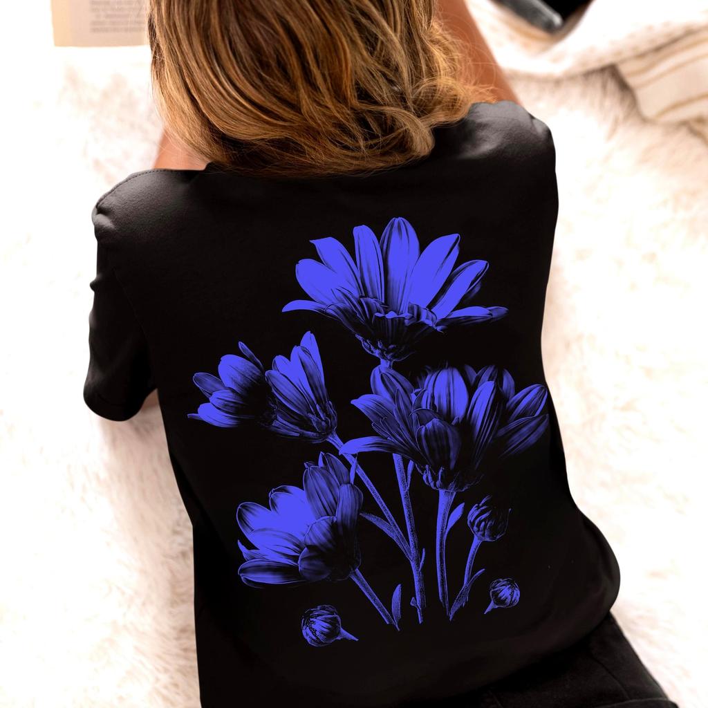 Back Front Print Daisy Flowers Design T-Shirt | Blue On Black Botamical Modern Tee