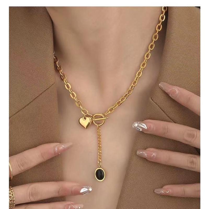 New Hip Hop Fashion Personality Gold Color Stainless Steel Collarbone Chain Necklace OT Buckle Opal Heart Pendant Choker Jewelry