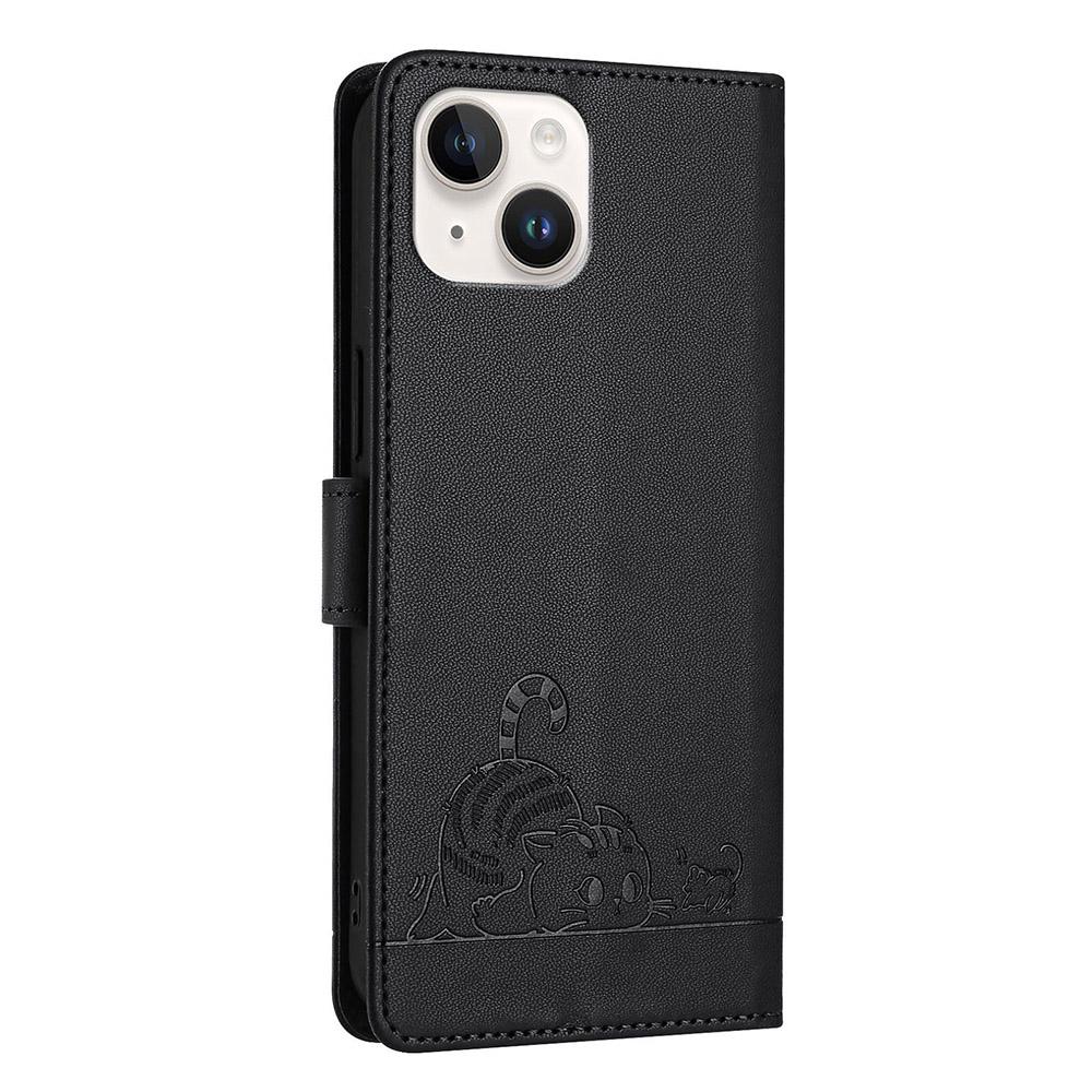 Funda para iPhone 13/14 con Correa Bloqueo RFID Billetera de Cuero Cubierta para Teléfono Patrón Gato Ratón