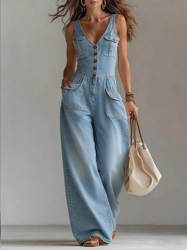High-Waisted Wash Denim Jumpsuit Wide Leg Loose Sleeveless Strap Jumpsuit Pants