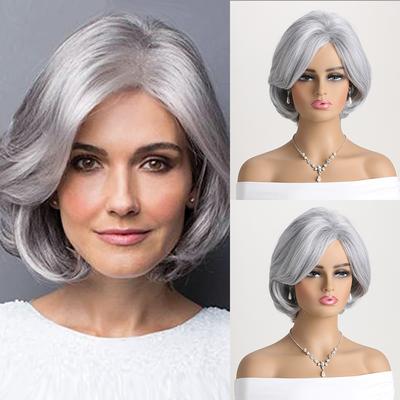 Peluca gris plateada para mujeres europeas y americanas, de uso diario, de aspecto natural, con raya a un lado, corta, rizada y doblada hacia adentro, de fibra sintética para mujeres mayores