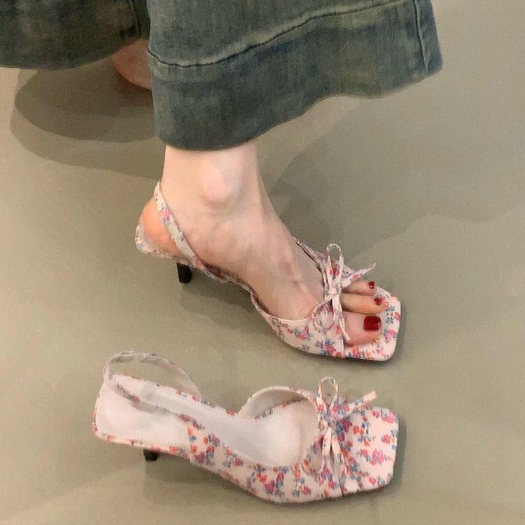 New bow-tied back strap high heels for women's 2025 new summer outer wear one-word with temperament open-toed square head sandals