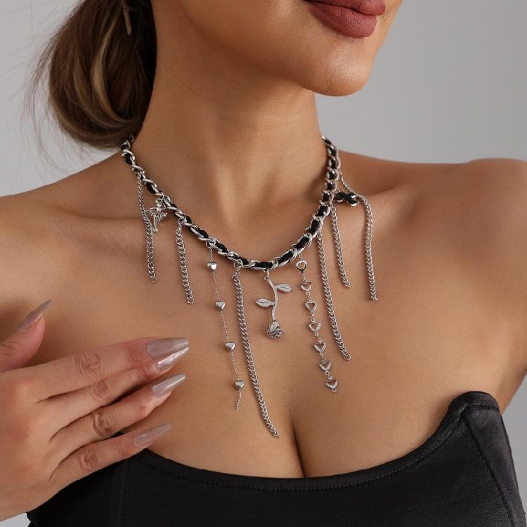Beaded Crucifix Tassels Necklace With Velvets Rope Chain For Everyday Styling Adjustable Clavicle Chain Accessory