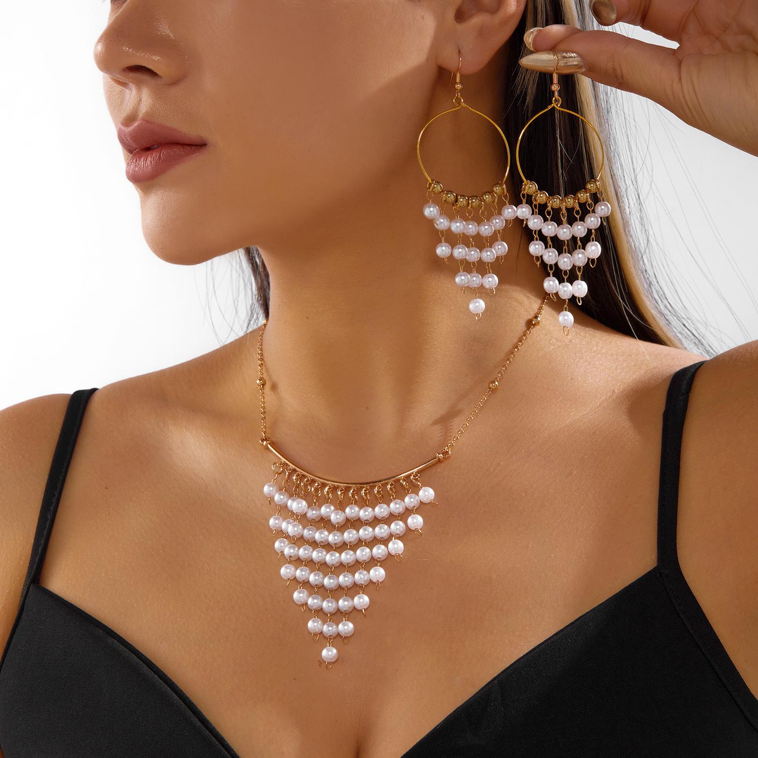 

Elegant Imitation Pearl Beads Jewelry Set for Women Simple Multi Tassel Necklace and Earrings Versatile Party Wedding Jewelry