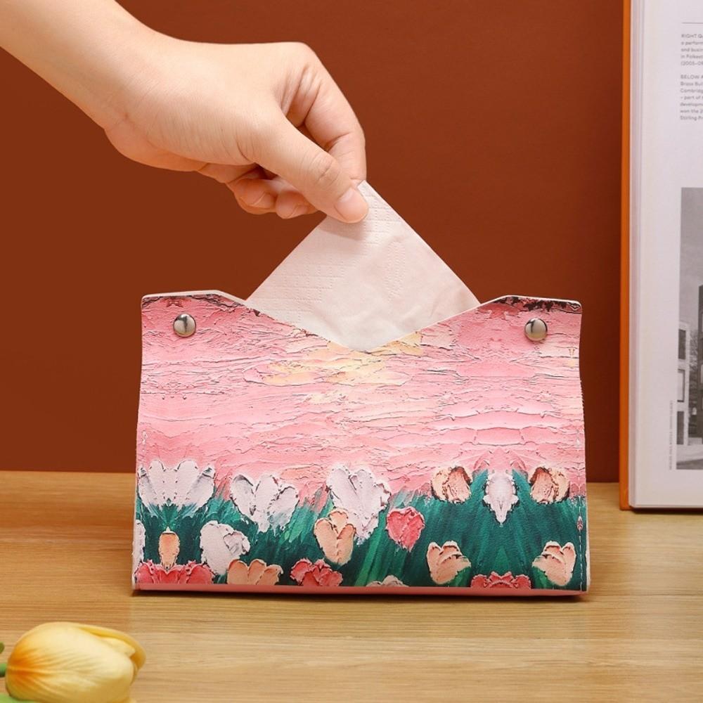 Vintage PU Leather Tissue Box Holder Oil Painting Durable Napkin Container Decorative Car Tissue Box Bathroom
