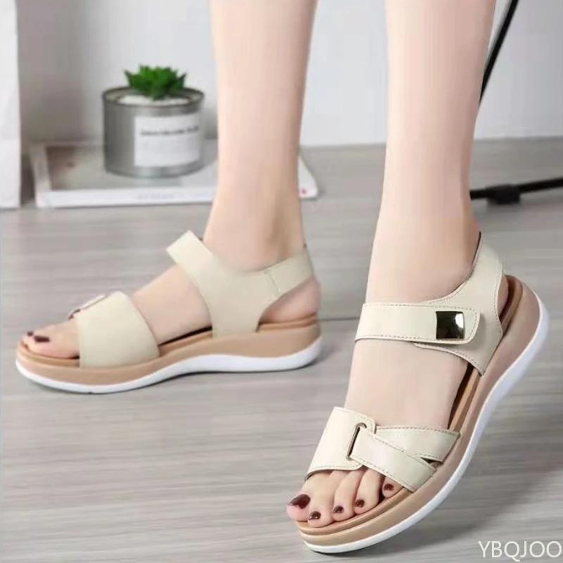 Women Leather Shoes Open Toed Female Flats Sandals Shoes Summer Soft Soled Non Slip Beach Sandals Large Size Zapatos Mujer