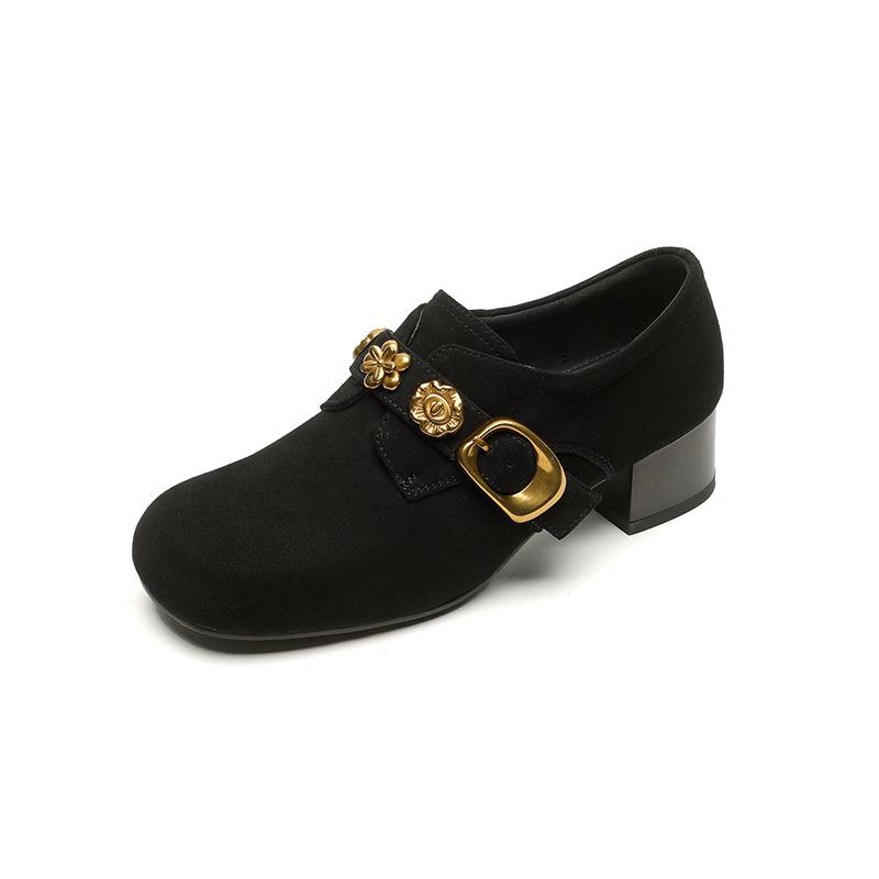 Huge and beautiful~! Frosted retro gold buckle thick heel loafer single shoes women's middle heel grandma shoes