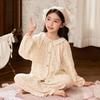Cotton Gauze Kids Pajama Set Girls Long Sleeve Floral Print Sleepwear Comfortable Home Outfit