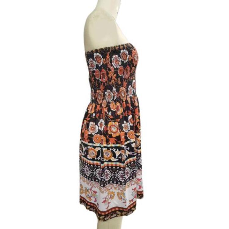 Abito estivo senza spalle da donna, a fascia, senza maniche, schiena scoperta, stile bohémien, stampa floreale, linea ad A, elastico sul busto, lunghezza al ginocchio, abito da spiaggia per le vacanze