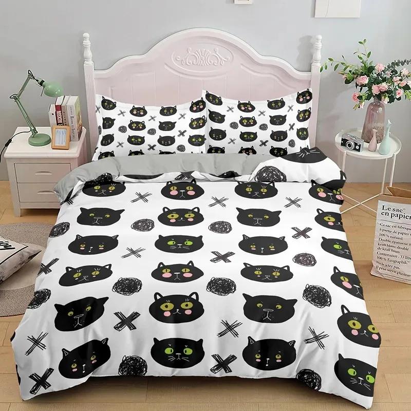 Kawaii Bettwäsche Set Cartoon Katze Muster Bettbezug Kinder Quilt Kissenbezüge Einzel Twin King Queen Bettwäsche Heimtextilien
