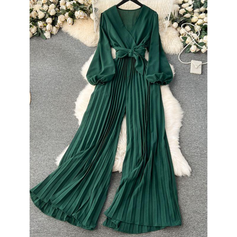 Puff Sleeves V-neck Lace-up Waist-Tight Pleated Jumpsuit