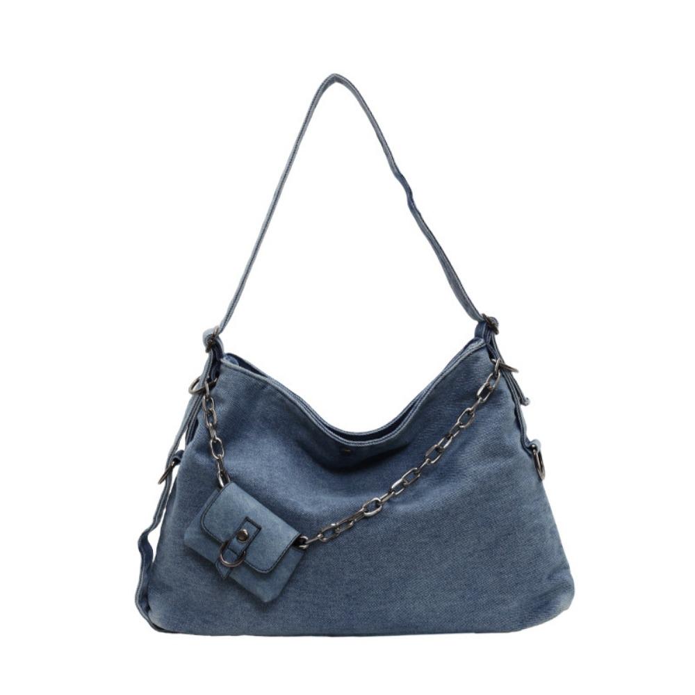 

Large Capacity Denim Shoulder Bag Korean Style Handheld Tote Bag Women s Chain Crossbody Bag Women светло-синий