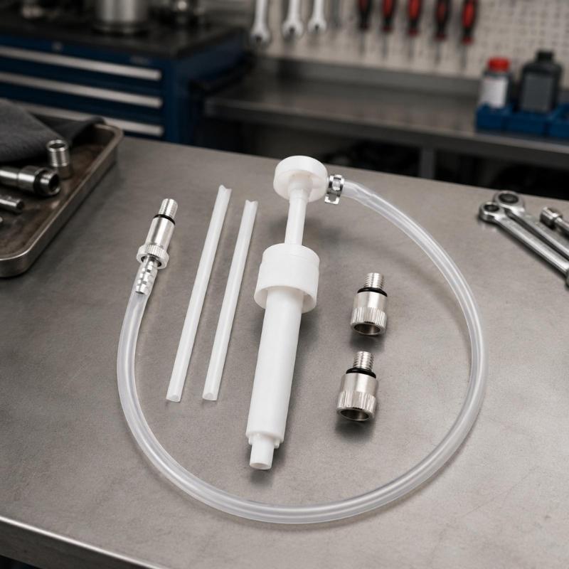 Plastic Brake Fluid Service Pump Kit with Clear Flexible Tubing, Two Straight Tubes and Threaded Connection Pieces for Vehicle Maintenance