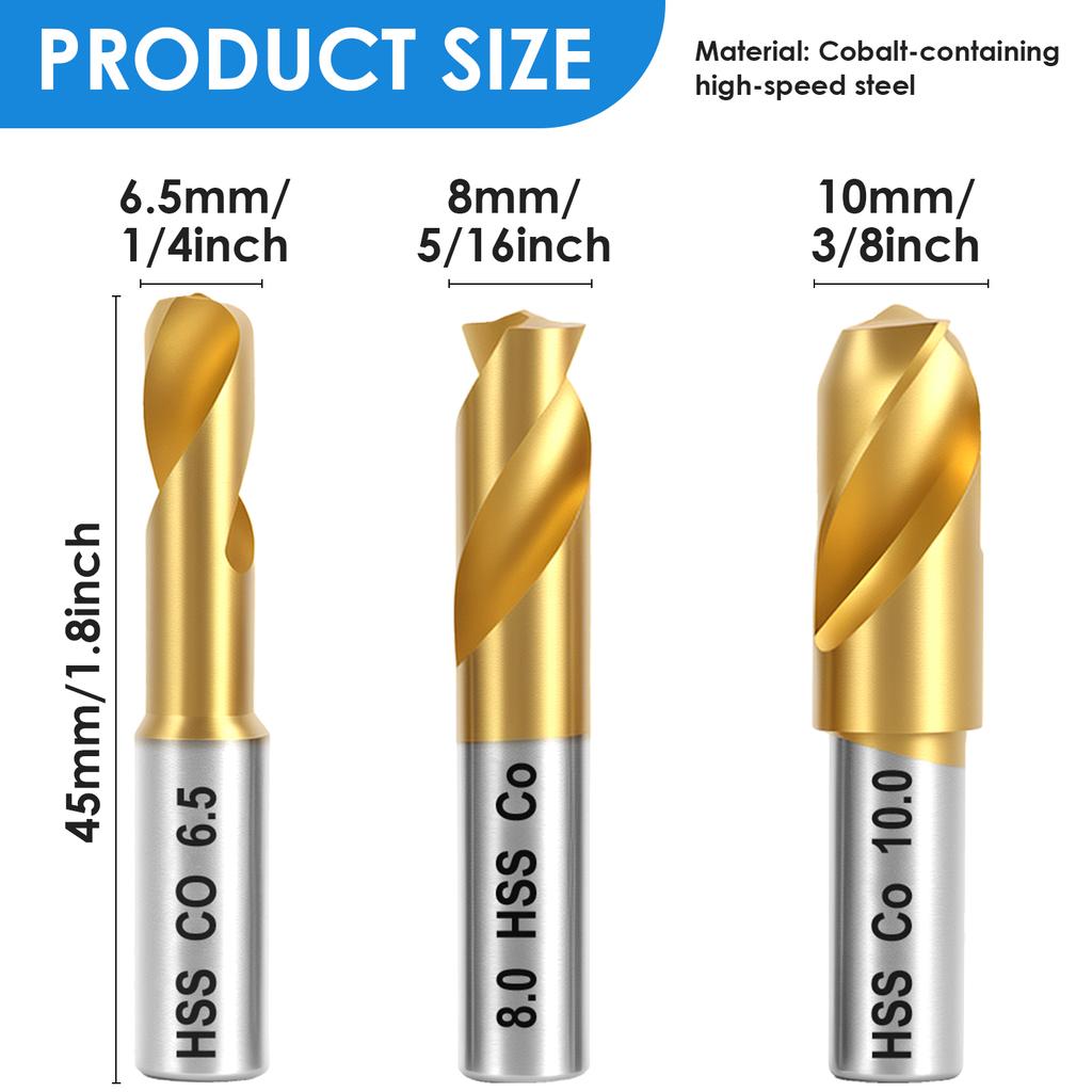 5/3pcs Cobalt Spot Weld Drill Bit Set Kit 6.5/8/10mm Titanium Coated High Speed Cobalt Steel Weld Cutter Drill Bit Weld Removal