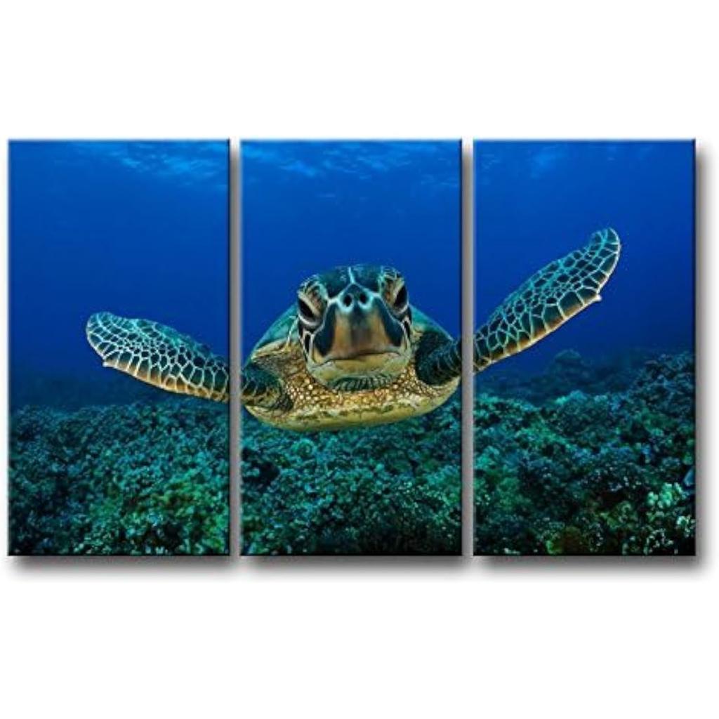 Turtle In the Blue Ocean Canvas Pictures Artwork 3 Panel Marine Life Painting Prints for Bathroom Living Dining Room Kitchen No Frame