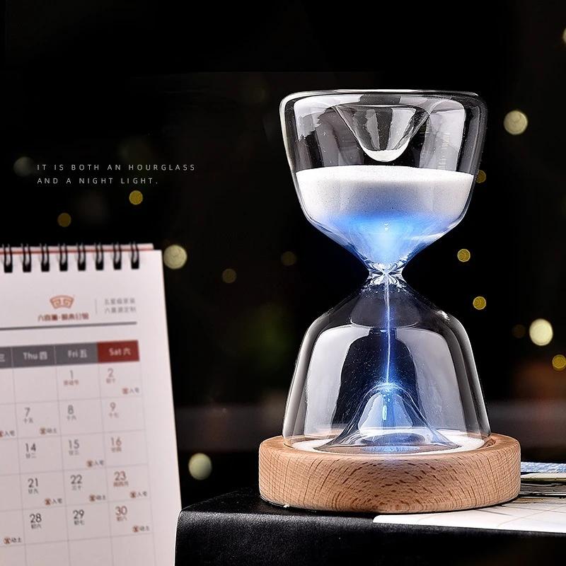 15 Minutes Luminous Remote Control Glass Hourglass Sand Timer Wood Bottom Night Light Sandglass Desk Home Decorative Toys