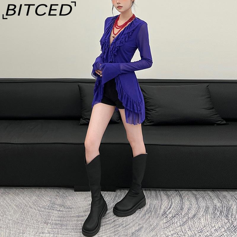 BITCED Fall Women's Solid-Color Slim-Fit Streetwear V-Neck Long-Sleeve Mesh Top