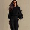 Women Knitted Color Block Striped Top And Wide Leg Pants Suit Elegant Casual Loose Fit Long Sleeve Sweater Set