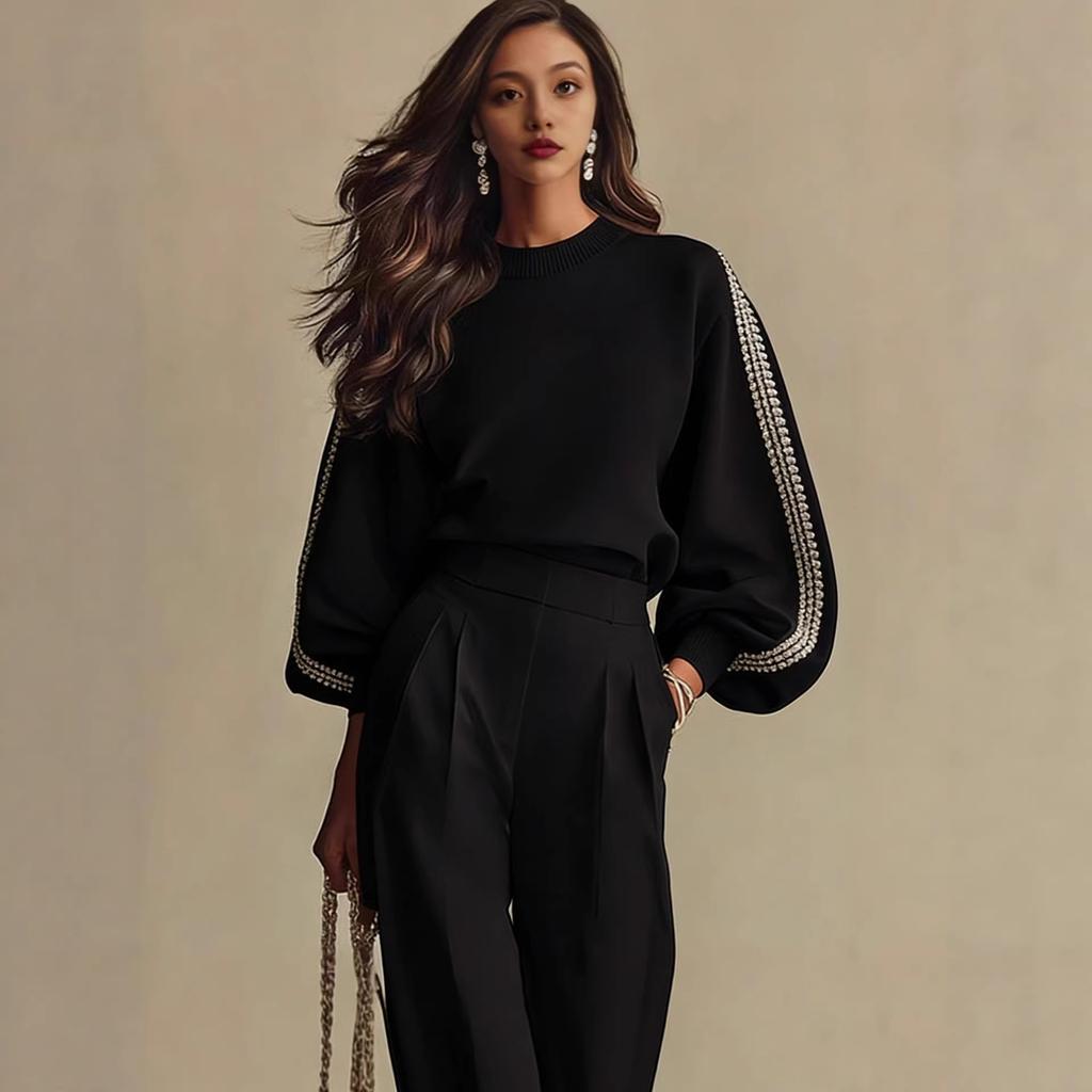 Women Knitted Color Block Striped Top And Wide Leg Pants Suit Elegant Casual Loose Fit Long Sleeve Sweater Set