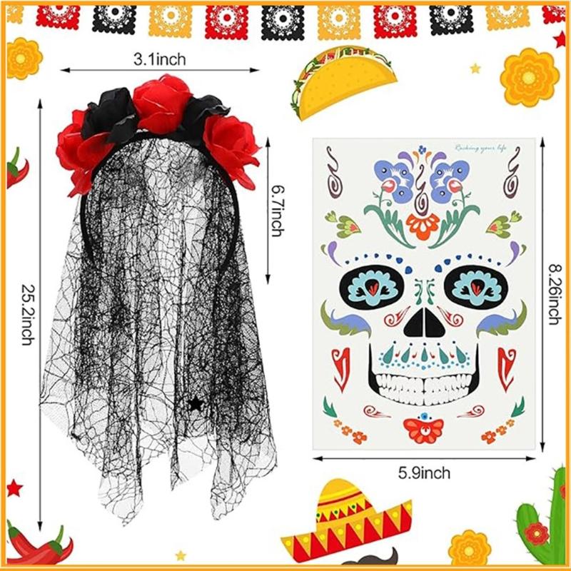 Day of The Deads Costume Sugar Skull Costume Accessories Day Of The Deads Face Tattooed Veil Headbands Fishnet Stockings