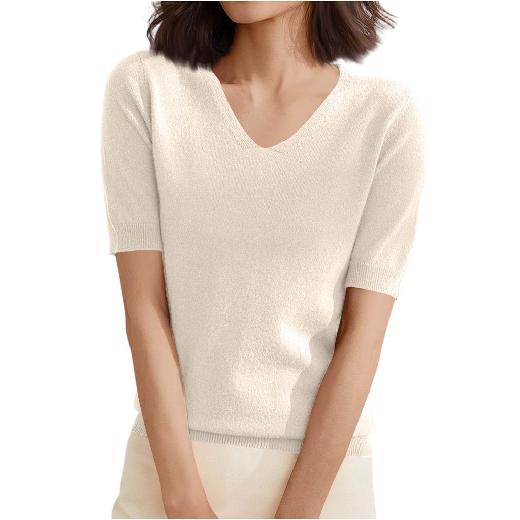 Women's Sweater T-Shirt Short Sleeve Knitted Tops Pullover V-Neck Sweater Lightweight Casual Color Sweater Elegant Spring Summer Tops