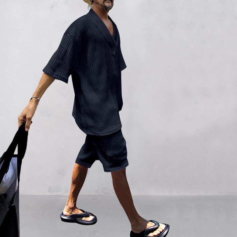 Men's Summer V-neck Jacquard Casual Suit - Short Sleeve & Shorts Two-piece Set