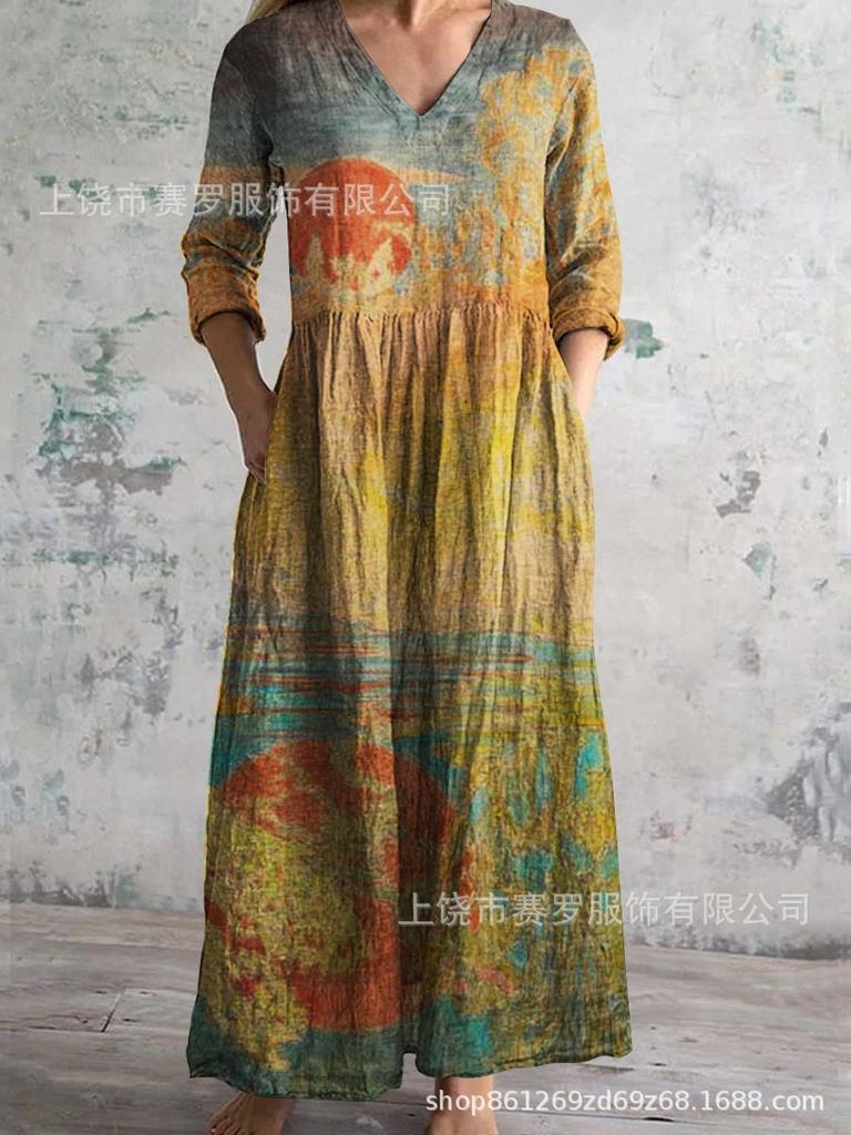 Damen Langarm V-Ausschnitt Maxi Kleid mit Streifenmuster, Knöchellanges Fließendes Kleid, Lässig Elegantes Kleid