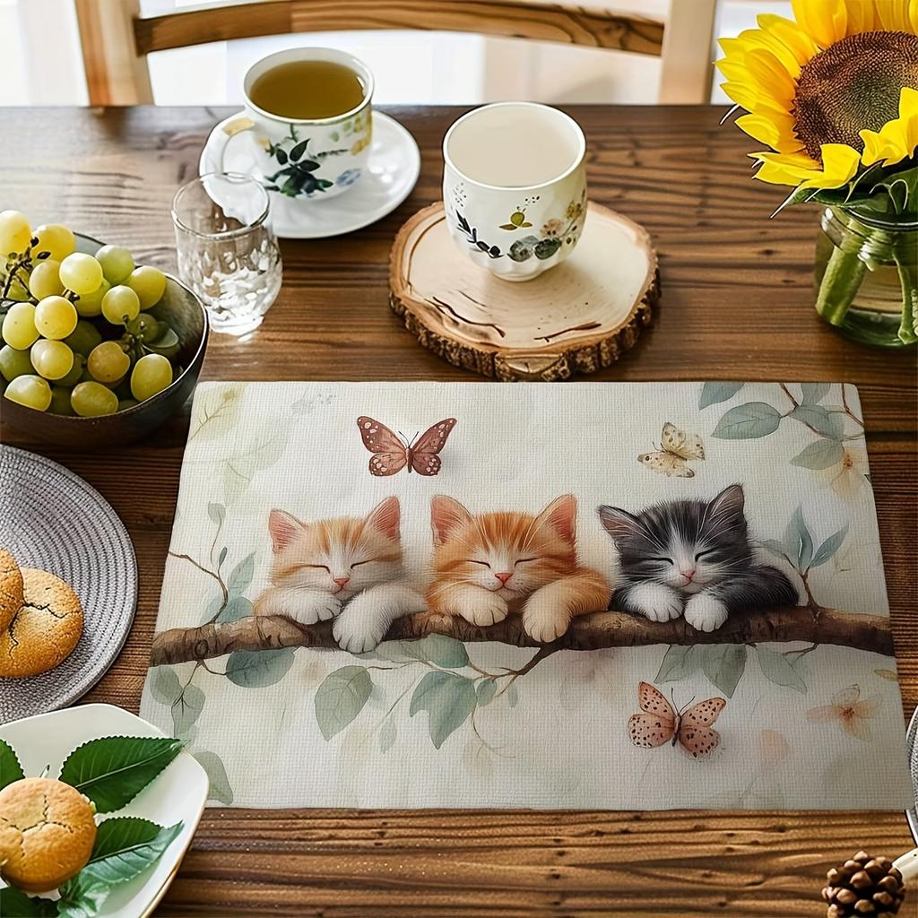 4/6 stuks Placemats voor Eettafel, Aquarel Tak Slapende Kat Tafelmatten, Antislip/Afneembaar Eettafelmat Set voor Feest Keuken Eetkamer