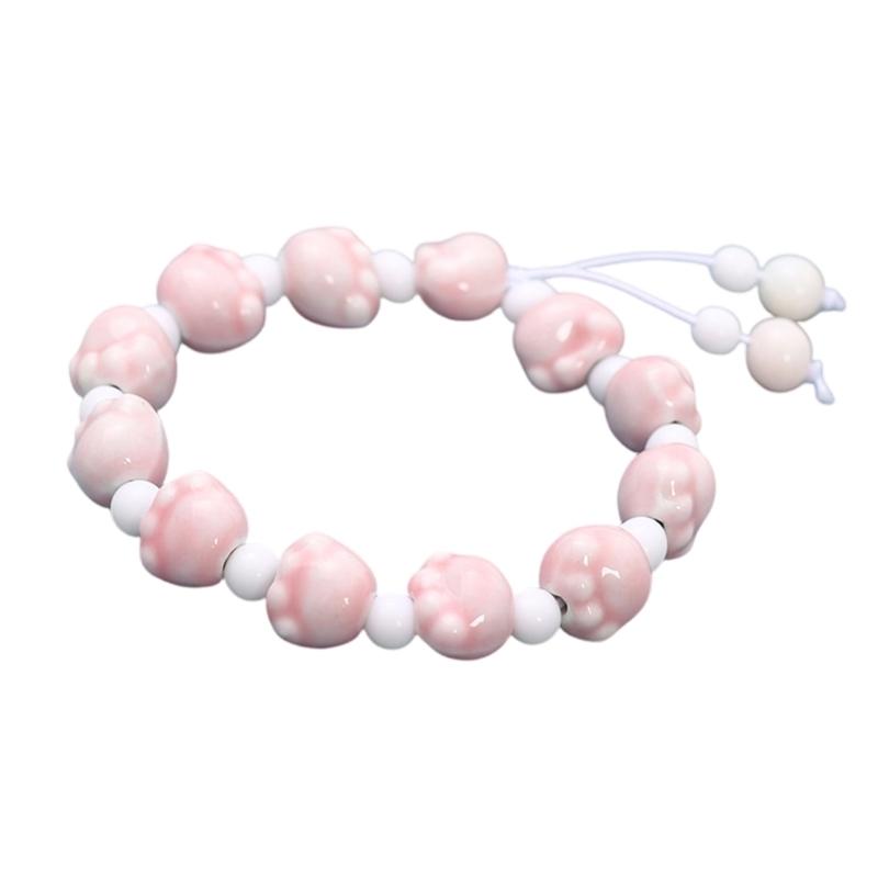 

Adjustable Ceramic Bead Bangle Handmade Bracelet Cartoon Puss Paw Design Elastic Cord for Daily Fashion Accessory