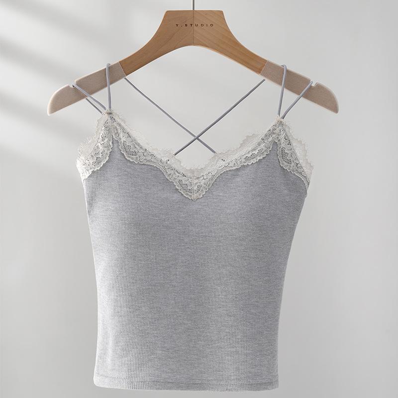 Spitze Spitze Trägertop für Frauen, zum Tragen von Frühlingsanzügen für Frauen mit Slim Fit, mit Brustpolstern und schönem Rücken-Basisband-Top