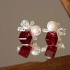 Exquisite Red Rhinestone Floral Square Stud Earrings for Women Girls Fashion Sweet Luxury Dangle Earrings Jewelry Accessories