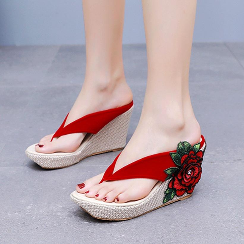 9cm Bohemske Vanntette Platform Sandaler med Tykksåle og Hæl Strand Fotslippers Broderte Blomster Svampekake Sandaler