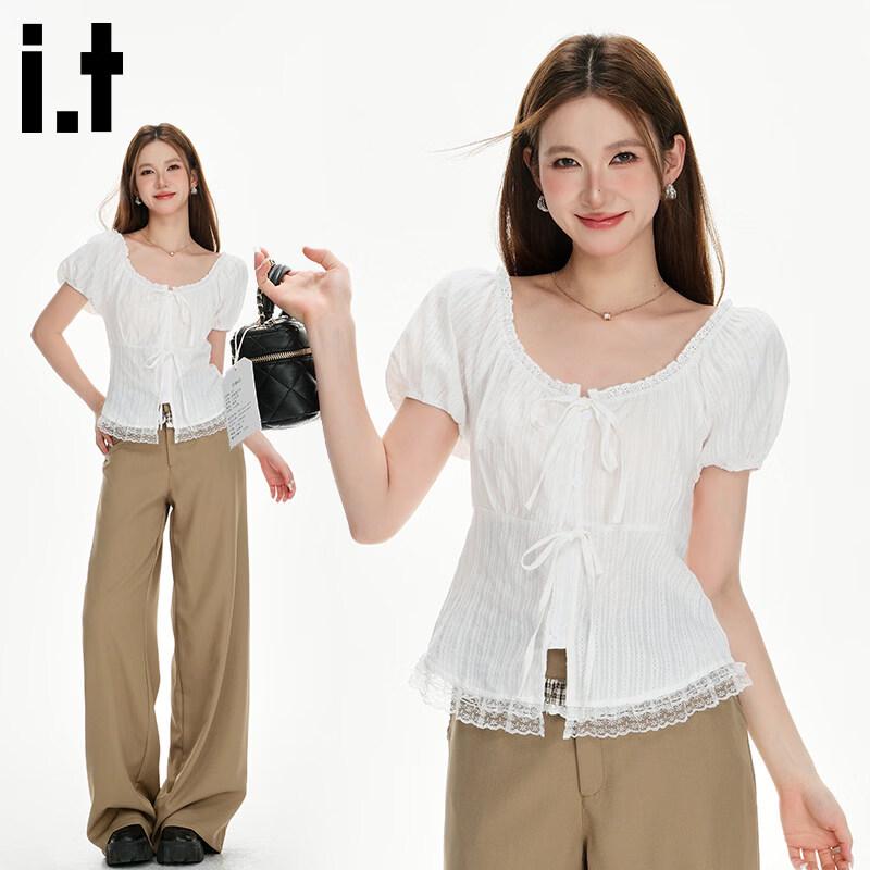 CHOCOOLATEit Women s Lace Spliced Puff Sleeve Tie-Up T-Shirt L