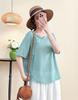 Women's Round Neck Three Quarter Sleeve Tencel Linen Loose Fit Chinese Frog Button Casual Blouse