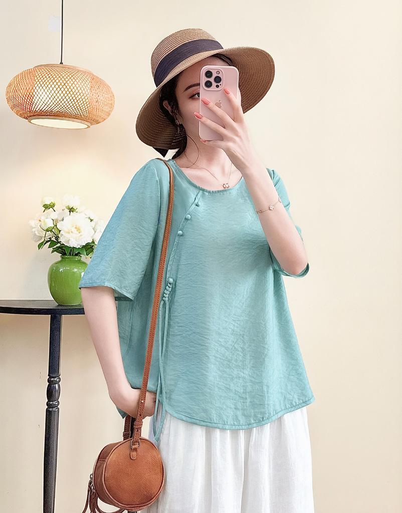 Women's Round Neck Three Quarter Sleeve Tencel Linen Loose Fit Chinese Frog Button Casual Blouse