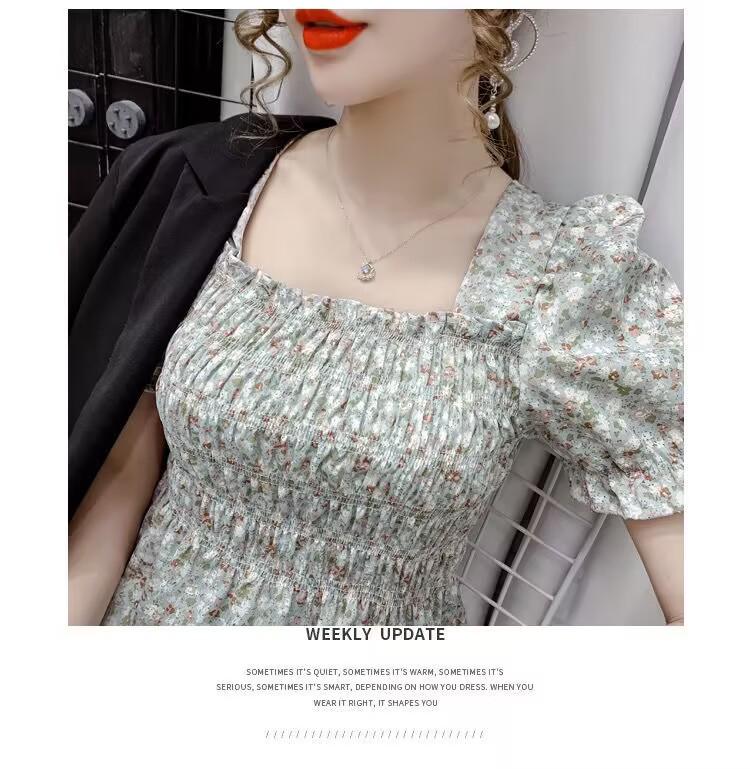 Japanese Style Floral Square Neck Chiffon Pullover Top for Women