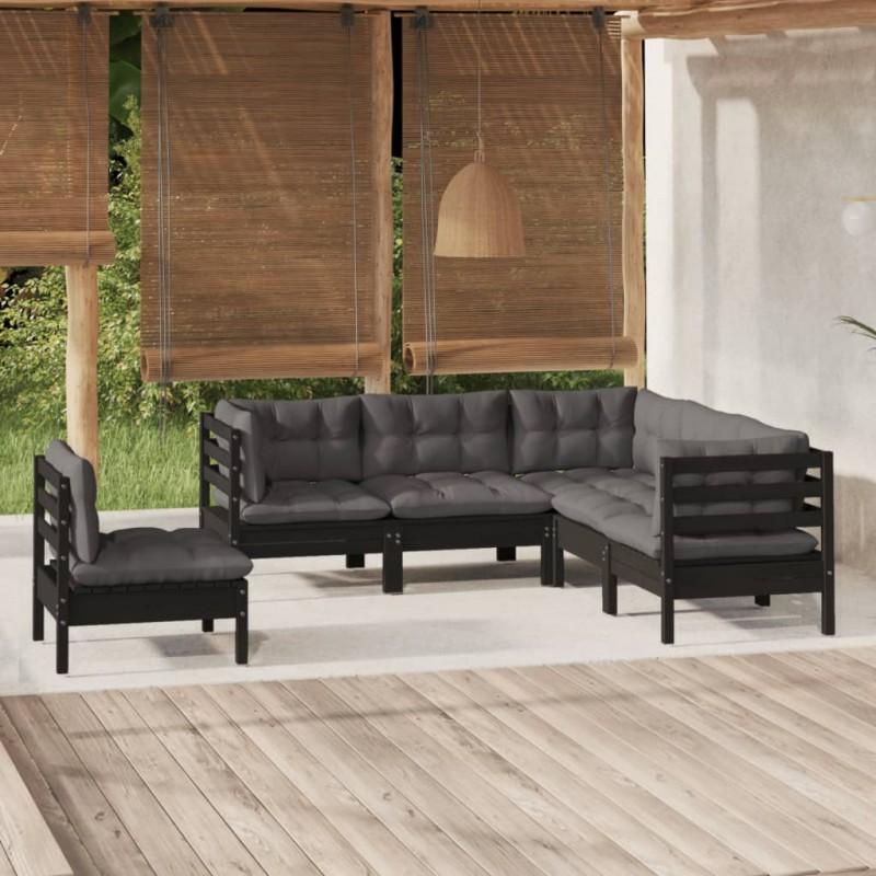 Día y Noche - Día y Noche Muebles de jardín 5 pzas con cojines negro madera de pino