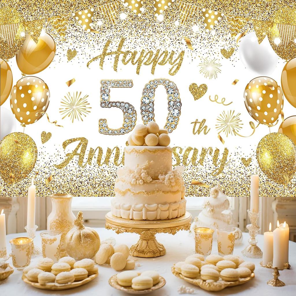 50th Wedding Anniversary Banner Decorations, White Gold Happy 50 Anniversary Party Supplies, Golden 50 Th Wedding Anniversary Decorations Decor