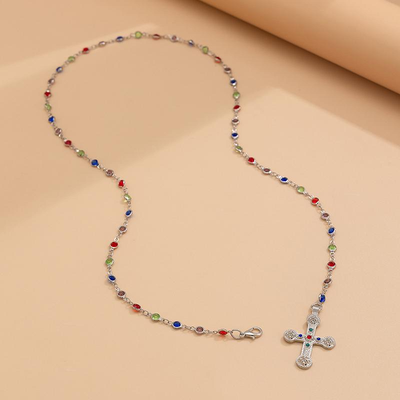 

Y2K Fashion Boho Geometric Colored Crystal Chain Necklace for Women Female Vintage Gold Color Metal Cross Pendant Jewelry Gift