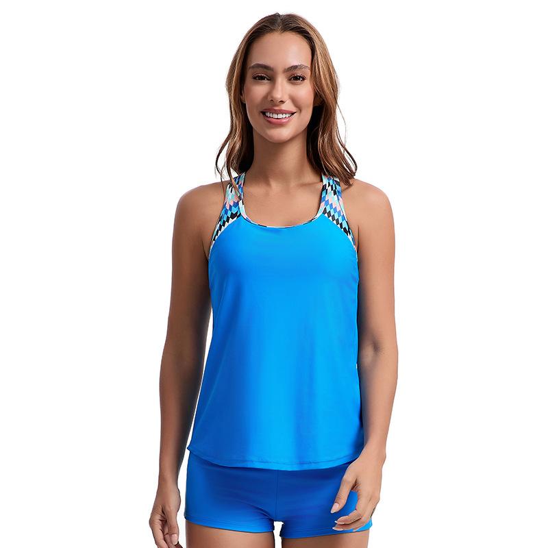 

Split Swimsuit Women s Conservative Round Neck Printed Tankini High Waist Sports Boxer Swimsuit L